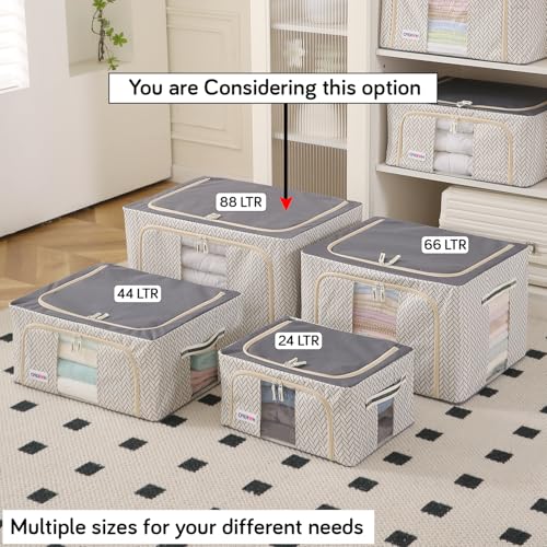 Image of HOKIPO Almirah Organizer Living Boxes | Cloth Storage Box with Top & Front Zipper | Moisture & Moth Resistant | Strong Metal Frame (Oxford Fabric) |88L, Pack of 1 Cream Mist (AR-5930-OWHT)
