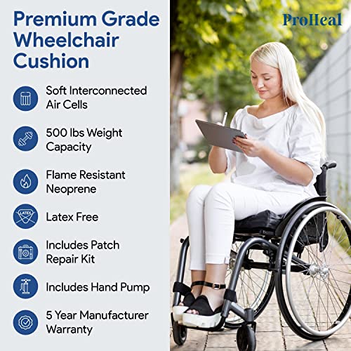 Proheal Inflatable Wheelchair Air Cushion 18 X 16 - For Pressure Sore Treatment And Prevention - 4” Deep Immersion Pressure Redistribution - Dual Valve - Nylon Cover - Includes Pump, Repair Kit #TOP4