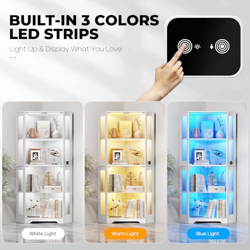 Image of BROTTAR Lighted Corner Display Cabinet with Glass Doors for Collectibles | 65 inch Curio Cabinet with 3 Color LED Lights, 4-Tier Showcase Display Case with Human Body Sensor for Trophies, Books, White