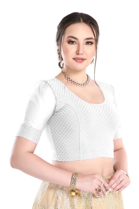 Image of FINESTFIT Stay On Trend Fashion 100% Cotton Readymade Blouses for Women,Round Neckline with Organza Balloon Sleeves.