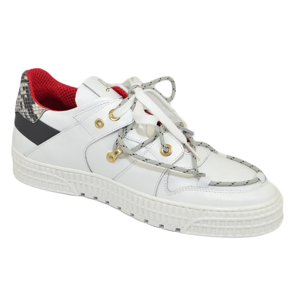Sneakers Uomo Streetwear Suede by LS LUISANTIAGO in Vera Pelle Nappa Bianco Pitone Doppio Laccio Contrasto Moda Luxury