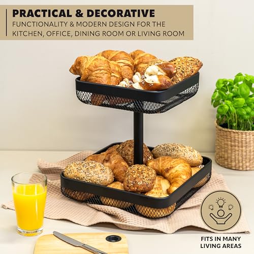 Miniatura 5 de Eluno Bandeja Cuadrada De 2 Pisos Para Frutas Pan, Frutero, Frutero, Cesta De Metal Negro, Mucho Espacio Para El Almacenamiento Ordenado De Frutas, Verduras, Pan Y Aperitivos En La Cocina Y El Salón