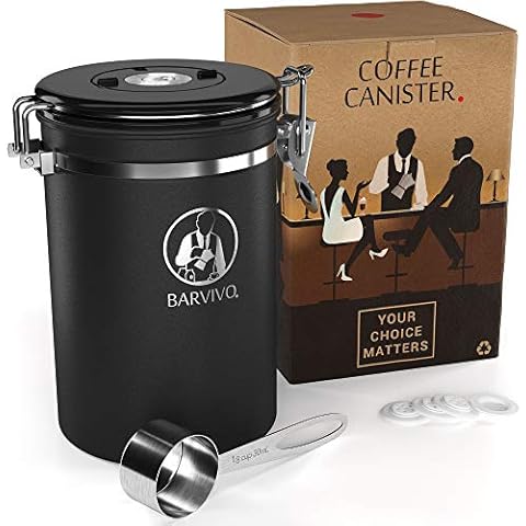 Barvivo Stainless Steel Coffee Canister - Large - Keep Your Best Coffee Beans and Grounds Fresh for Months - Airtight Container with CO2-release Valve, an Engraved Date Tracker and Measuring Scoop Cover