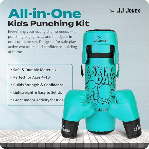 Image of JJ Jonex Sports Kids Boxing Punching Bag Set - Heavy Boxing Bag, Gloves, MMA, Home Gym & Martial Arts Training Equipment | for Boys & Girls for Age 3 4 5 6 7 8 Years |Blue Color |