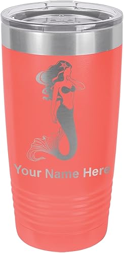 LaserGram Vaso aislado al vacío de 20 onzas, sirena, grabado personalizado incluido (coral)