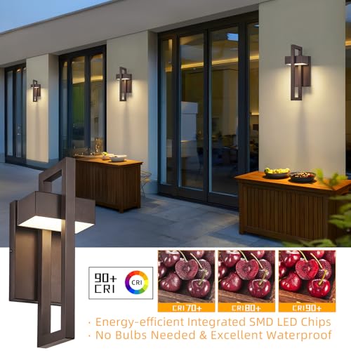 Image of tewei Modern LED Outdoor Wall Sconce Brown Outdoor Lights for House, 13.7'' LED Exterior Lighting Fixtures Outside Wall Mount Lights for Front Porch Hallway, Warm White 3000K, 2 Pack