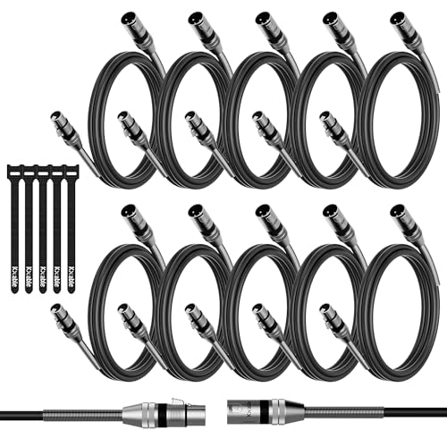 Premium DMX Cables (10 Pack, Each 10 FT), 3-Pin XLR Male to Female, Black