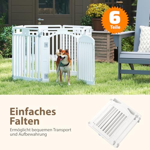 COSTWAY Welpenauslauf faltbar, Welpenlaufstall mit 6 Paneelen, abschließbarer Tür & Bodennägeln, 80 cm hoch, Hundelaufstall Outdoor Indoor, Laufstall Hund, Hundeauslauf aus Kunststoff, Weiß