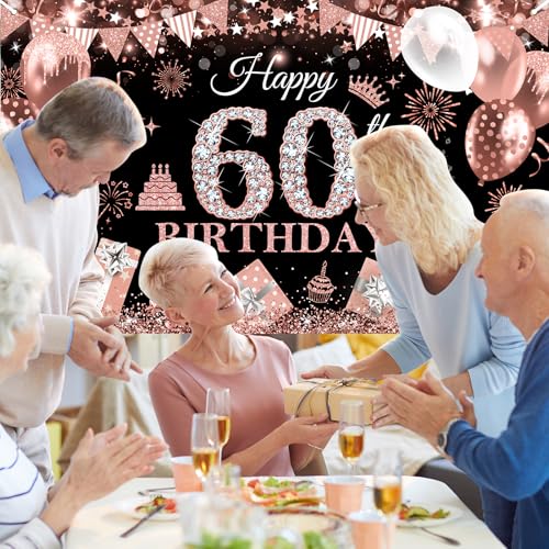 Image of Avezano Happy 60th Birthday Banner for Women Black and Rose Gold Glitter Balloon 60 Birthday Party Backdrop 60 Year Old Bday Photo Backdrop Party Supplies 70.8 x 43.3 Inch