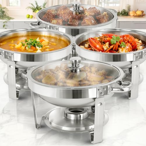 XYJBHB Complete Chafing Dish Set, Round 5QT Stainless Steel Catering Chafer with Transparent Glass Lid, Buffet Food Warmers for Events, Silver, Set of 4