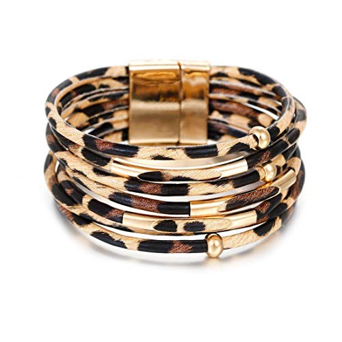 GVUSMIL Women Leopard Bracelet Multi-Layer Leather Wrap Bracelet Handmade Wristband Charm Magnetic Buckle Cuff Bangle Jewelry for Girls