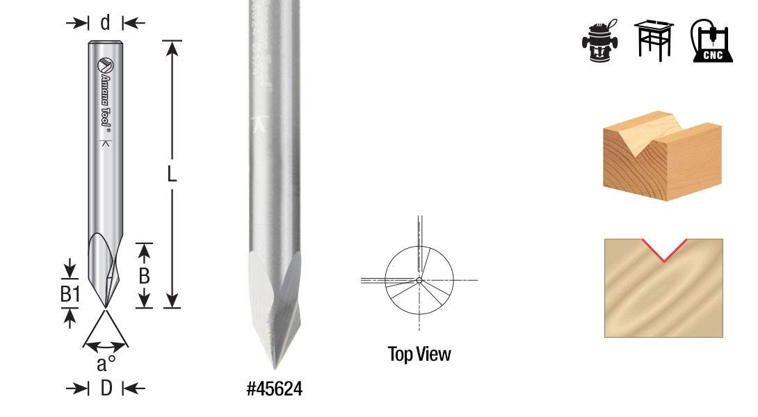Amana Tool - 45625 Solid Carbide V-Groove 90 Deg x 1/4 Dia x 9/16