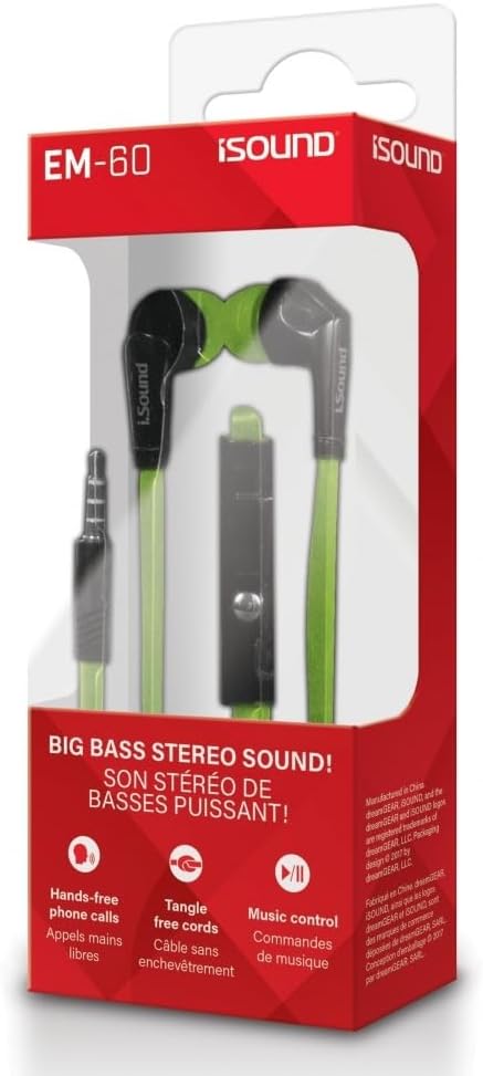 iSound EM 60 Earbuds with Big Bass Stereo Sound, Tangle Free Flat Cable, and Inline Microphone – Green/Black (DGHP-5725) image 3