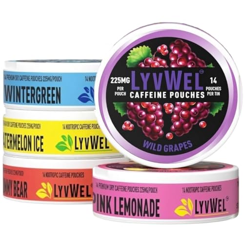 Image of LyvWel 225mg Caffeine Pouches, Guarana-Powered Energy Pouches, Nootropic Pouches, Nicotine Free Pouches and Tobacco-Free with Bold Flavors, Multi-Pack-5 Pack
