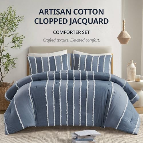 Image of INK+IVY Queen Comforter Set Boho Comforters Stripes, Clipped Jacquard, Cotton Comforter for Queen Size Bed, All Season Poly Fill Lightweight Queen Bedding & Shams, Shay, Full /Queen, Blue 3 Piece