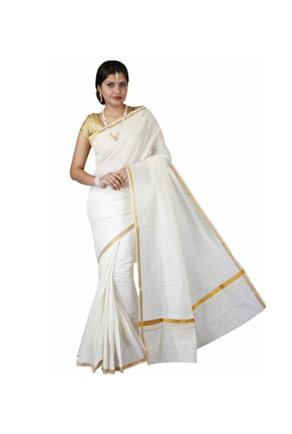 Women's Kasavu Cotton Zari Saree With Blouse (RST56_Beige, White)-image-2