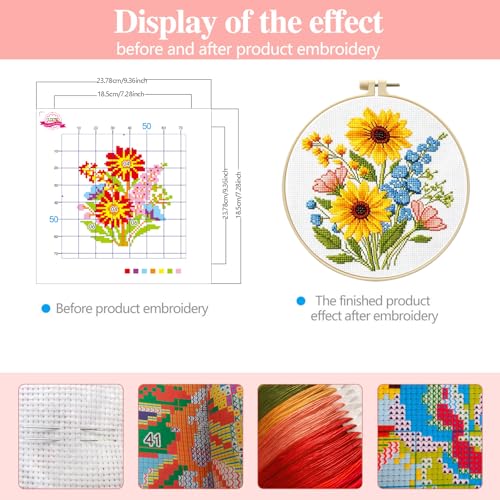 Image of Zhenqing Sunflower Bouquet Cross Stitch Kit for Beginners - Complete Set with Pre-Printed 11CT 24x24cm Fabric, Hoop & Threads(65637)