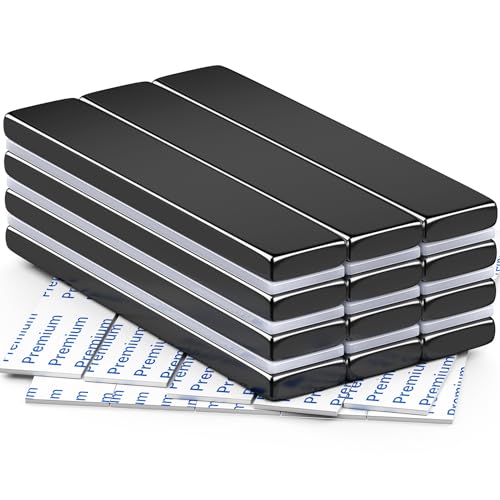 Image of FINDMAG Rare Earth Bar Magnets with Adhesive Backing, 12 Pack, 60x10x3mm | Strong magnetic strips with a low-profile coated surface; for wall signs, tool storage, cabinet fixtures and display panels