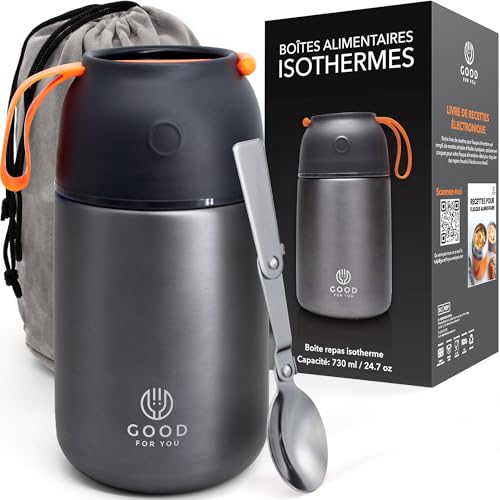 GOOD FOR YOU - Thermos alimentaire de Boîte à repas inoxydable pour repas chauds ou froids - Boîte à lunch pour école, bureau, camping - Isolation double parois avec cuillère pliable et sac
