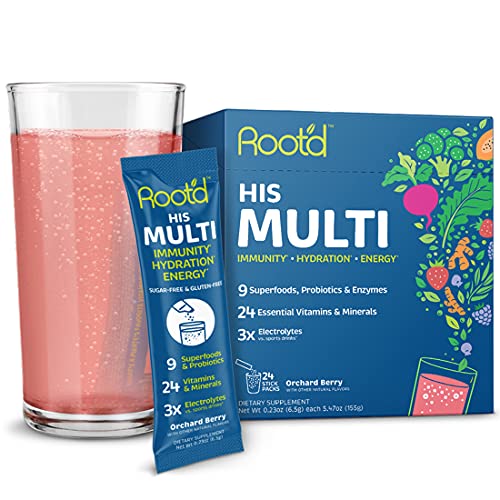Powder MULTIvitamin for Men with Electrolytes - 24 Vitamins & Minerals + Sugar Free Electrolyte Hydration Powder | Vitamin D3 A C E B Complex Probiotic Super Beets | 24 Effervescent Drink Mix Packets