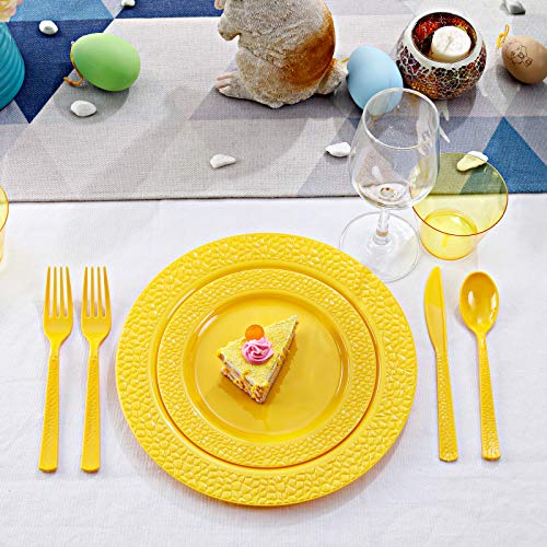 Nervure 150Pcs Yellow Plastic Plates With Yellow Hammered Silverware Include 25Dinner Plates, 25Dessert Plates, 25Knives, 25Forks, 25Spoons & 25Cups For Spring Picnic & Parties& Easter #TOP1