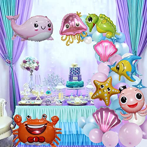 12 Pieces Large Cute Sea Animal Balloons Octopus Shark Fish Dolphin Hippocampus Crab Scallops Foil Balloons For Boys Girls Sea Underwater Animals Theme Party Decoration #TOP2