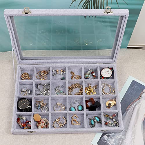 Image of BucketList Women's Velvet Glass Ring Earrings Jewelry Box - Display Storage Showcase Holder Organizer (Big 24 Grid Jewellery Box Grey)