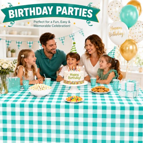 Image of WNINK 2 Pack Mint Green Gingham Tablecloths, 54 x 108 Inch Disposable Waterproof Plastic Table Covers for Rectangle Tables, Picnic, Birthday Party, Baby Shower and Celebration