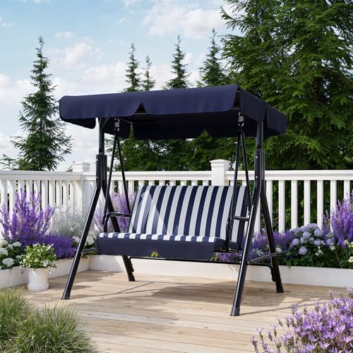 Image of Garvee Outdoor Porch Swing with Adjustable Canopy, 3-Seat Patio Swing Chair with Stand, Heavy Duty Outdoor Swing for Adults, Metal Frame Patio Swing for Garden, Backyard & Poolside,Striped Blue