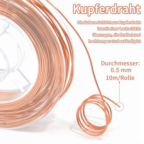 Alethron Kupferdraht, 0.5mm x 10m Kupferlackdraht, 2 Rollen Kupferdraht Isoliert Lackdraht für Schmuck DIY Schweißen Elektromotor Experiment