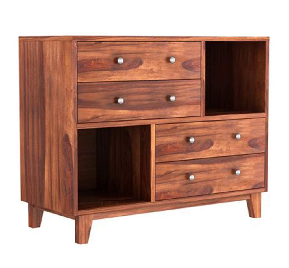 WOODSTAGE Sheesham Wood Chest of 4 Storage Drawers and 2 Shelf for Home Living Room Hall Wooden Multipurpose Storage Cabinet Rack (Honey Finish) | 1 Year Warranty