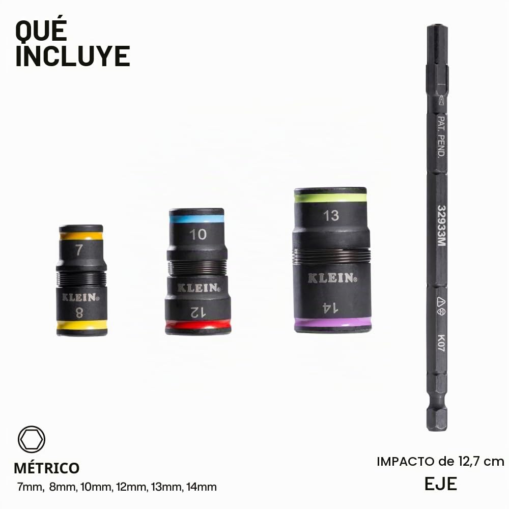 Klein Tools 32933M | Juego de vasos impact 6 en 1 métricos | Medidas 7 8 10 12 13 14 mm | Herramienta profesional para atornilladores de impacto