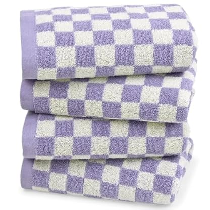 Jacquotha Handtuch für Badezimmer Gästezimmer Zuhause - 100% Baumwolle Handtücher Set Flieder Kariert Druck Extra Weich Saugfähig 4-teiliges Gesichtshandtuch-Set für den täglichen Gebrauch