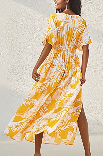 Cupshe Maxi Dress For Women Summer Empire Waist V Neck Split Short Sleeves Yellow Floral Printed, L #TOP1