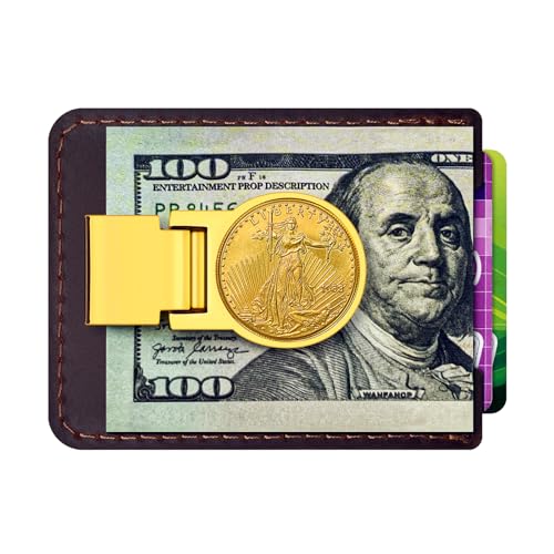 Men's front pocket leather Money Clip Wallet with hinged wallet inlaid with brass coins Classic minimalist Style Cardholder for Cash and Cards (Dark Brown and Gold 03)