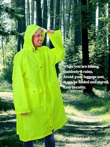 Anyoo unisex wodoodporny, lekki płaszcz przeciwdeszczowy długie ponczo z kapturem, kieszenie, idealny dla wędrówek z plecakiem, piesze kemping, limonkowa