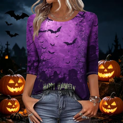 Image of Women Spooky Halloween Graphic Shirt 3 /4 Length Sleeve Crewneck Top | Halloween Funny Printed Pumpkin Plus Size Tshirts 2026 Fall Outfits Skeleton Tee Going Out Tops