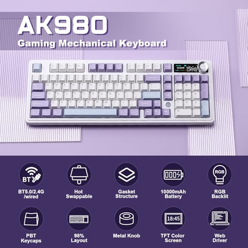 AJAZZ AK980 Mechanical Gaming Keyboard with Smart Display & Knob,98% Wireless Keyboard Tri-Mode BT/2.4G/USB-C, Hot Swappable, PBT Keycaps, with RGB Light for Win & Mac(Purple,Murad Switch) - Image 3