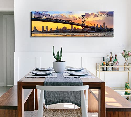 Image of Philadelphia Skyline Wall Art Cityscape Panorama Canvas Print 13.8 inchx45.3 inch | Living Room Decor, City Building House Poster, Bridge Sunset Scenery, Office Bedroom Decorations, Framed