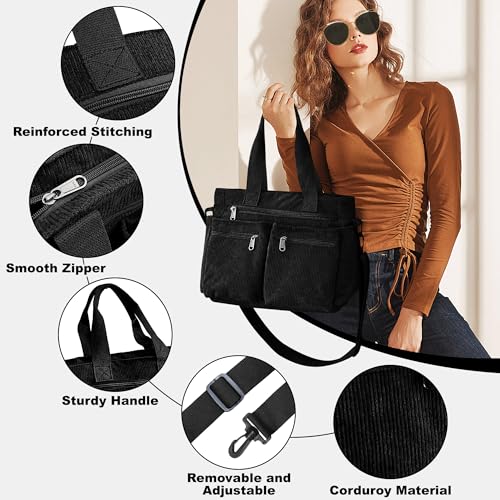 Hoseay Handtasche Damen Cord Umhängetasche Mittelgroß Tote Bag Damen Shopper Tasche mit Reißverschluss Crossbody Bag Frauen Schultertasche für Schule Arbeit Büro Reisen Einkaufen Alltag, Schwarz