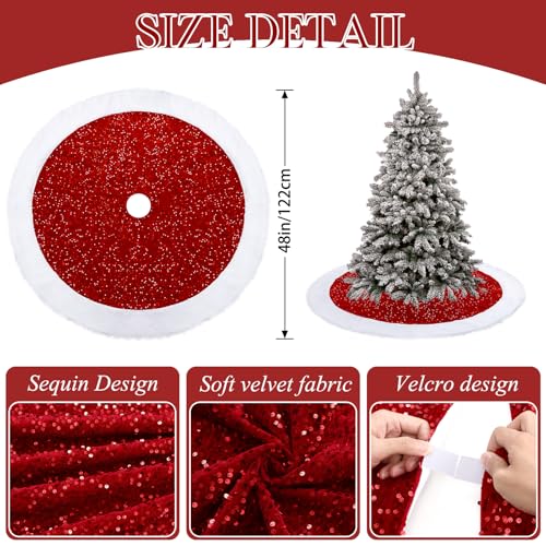 Dremisland Sequin Christmas Tree Skirt 48 Inch Luxury Faux Fur Tree Skirt Plush Christmas Decorations Thick Velvet Sparkly Xmas Tree Mats Holiday New Year Home Party Decor (Red, 48inch/122cm) by Dremisland - Image 3
