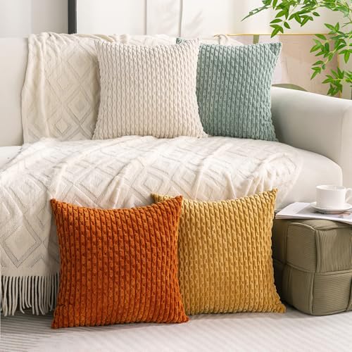 Set of 4 Yellow Rust Aqua Decorative Throw Pillow Covers 22x22 Inch Corduroy Pillow Covers for Bed Couch Sofa Living Room Soft Square Cushion Cases