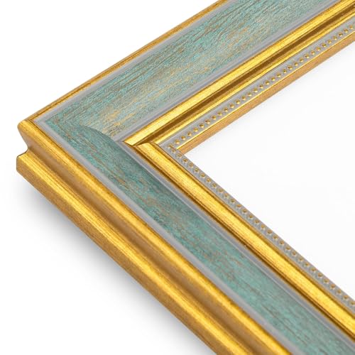 Image of Golden State Art,11x17 Ornate Picture Frame Holds 9x12 Photo,Blue Gold | Includes real glass front,white mat,build-in hangers and buttons.Displays 9x12 photo on wall