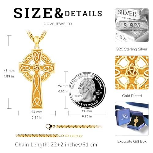 Celtic Cross Necklace Sterling Silver Irish Knot Claddagh Cross Pendant Jewelry for Men with 22"+2" Box Chain4