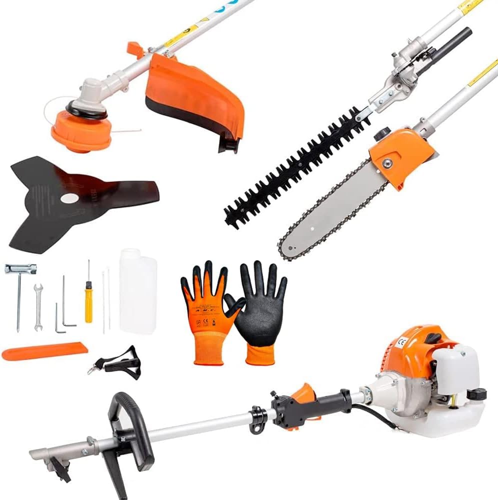 Decespugliatore Multifunzione 4 in 1 a Scoppio 52cc 2 Tempi, Tagliasiepi Potatore Motosega e Tagliabordi, Testina Doppio Filo e Disco 3 Denti in Acciaio, per Giardinaggio Fai da Te e Pro