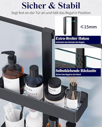 Kitsure Duschregal ohne Bohren - 2-stöckiges Duschablage, rostfrei & vielseitig Duschablage ohne Bohren, praktisches Duschregal für Shampoo, Handtuch & Abzieher, 29,1 x 11,2 x 5,1cm, Schwarz