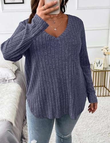 Image of Koscacy Women Plus Size Casual Knit Sweater V Neck Solid Color Tops Lightweight Long Sleeve Blouses