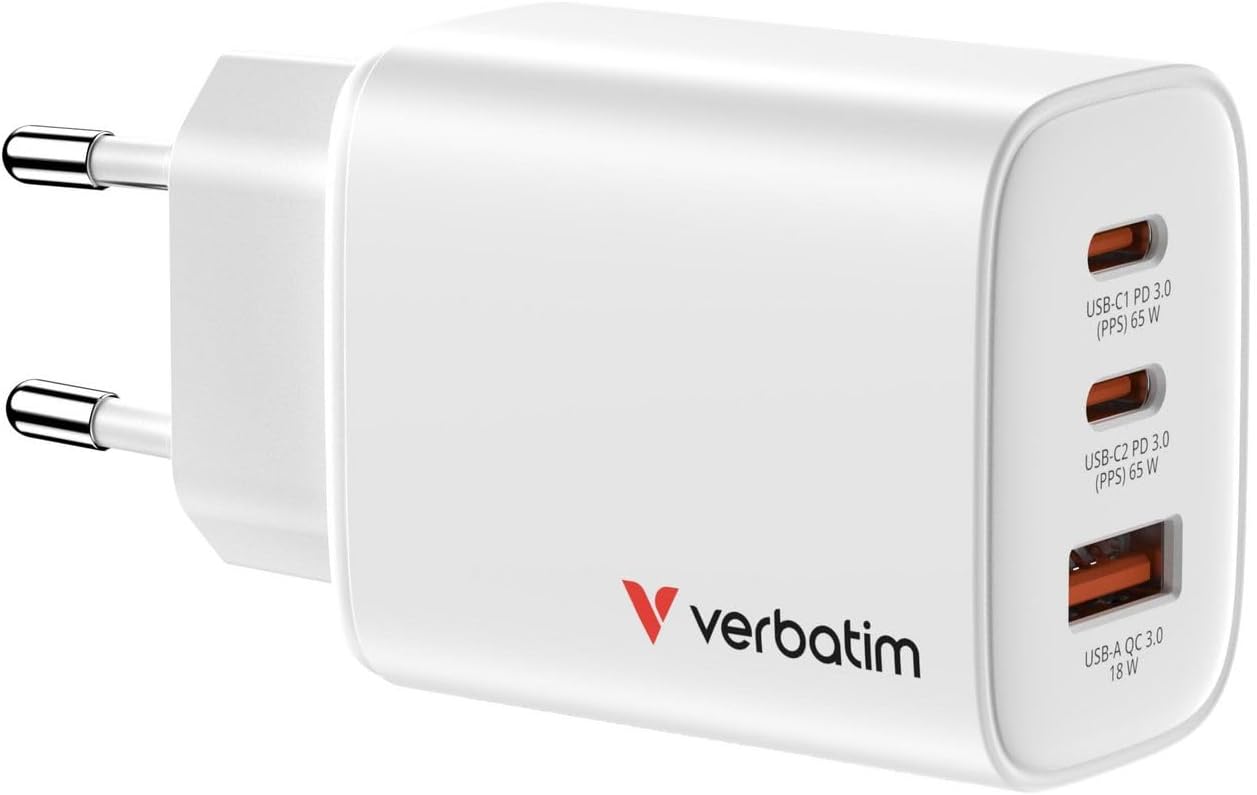 Cargador de Pared GaN Verbatim Essentials- 2xUSB Tipo-C- 1xUSB- 65W