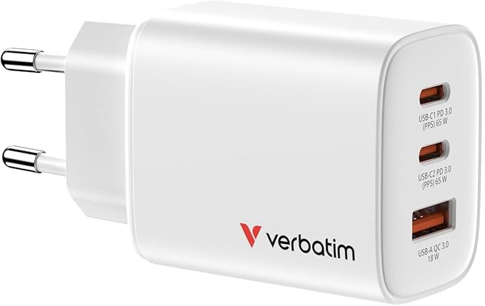 Verbatim Essentials GAN Charger 65W 2 Puertos USB-C Cargador PD 3.0, 1 Puerto USB-A QC 3.0, Cargador rápido como Conector múltiple para Apple MacBook, portátil, iPad, iPhone 15 - iPhone 17, Samsung