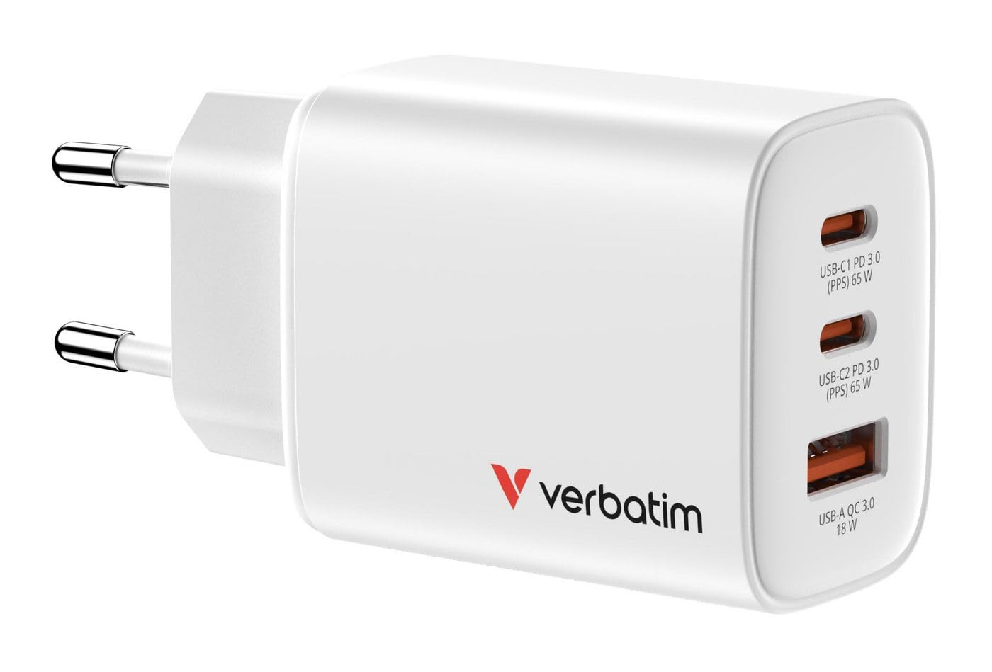 Verbatim Essentials GaN Charger 65 W, 2 porty USB-C ładowarka PD 3.0, 1 port USB-A QC 3.0, szybka ładowarka jako wtyczka wielokrotna do Apple MacBook, notebooka, iPada, iPhone 15 - iPhone 17, Samsung